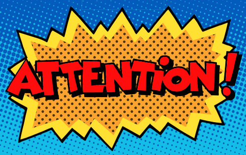 Pop-art graphic with the word "attention" in red.
