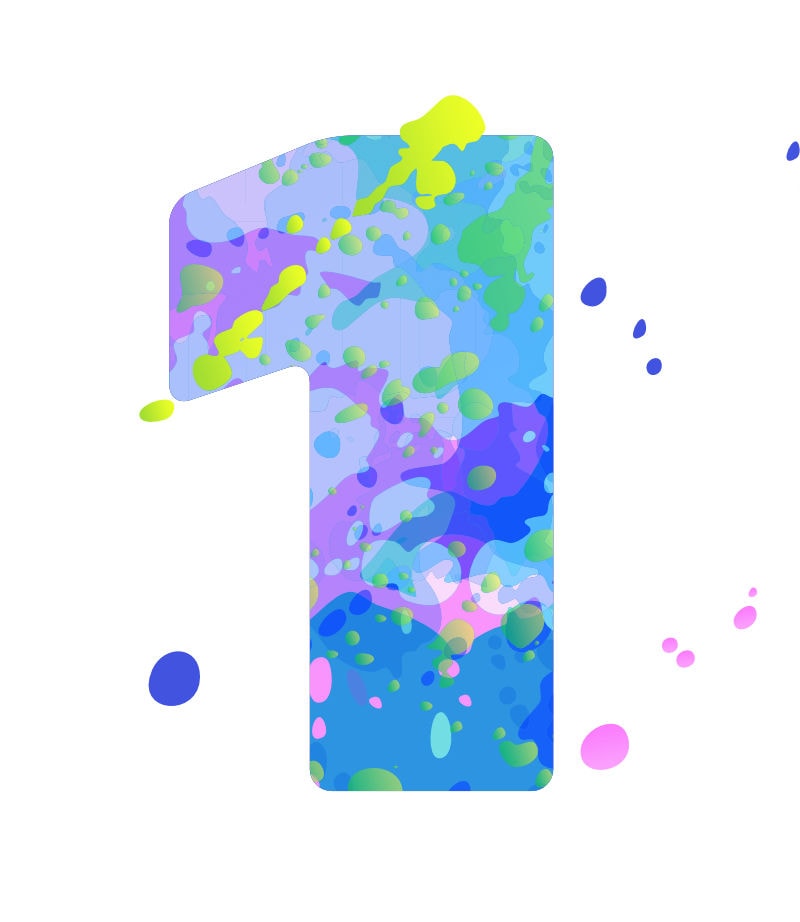 The number 1 painted with splatters of purple, blue, green and pink