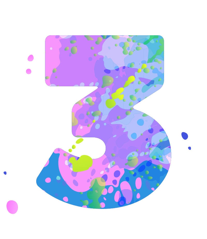 The number 3 painted with splatters of purple, blue, green and pink