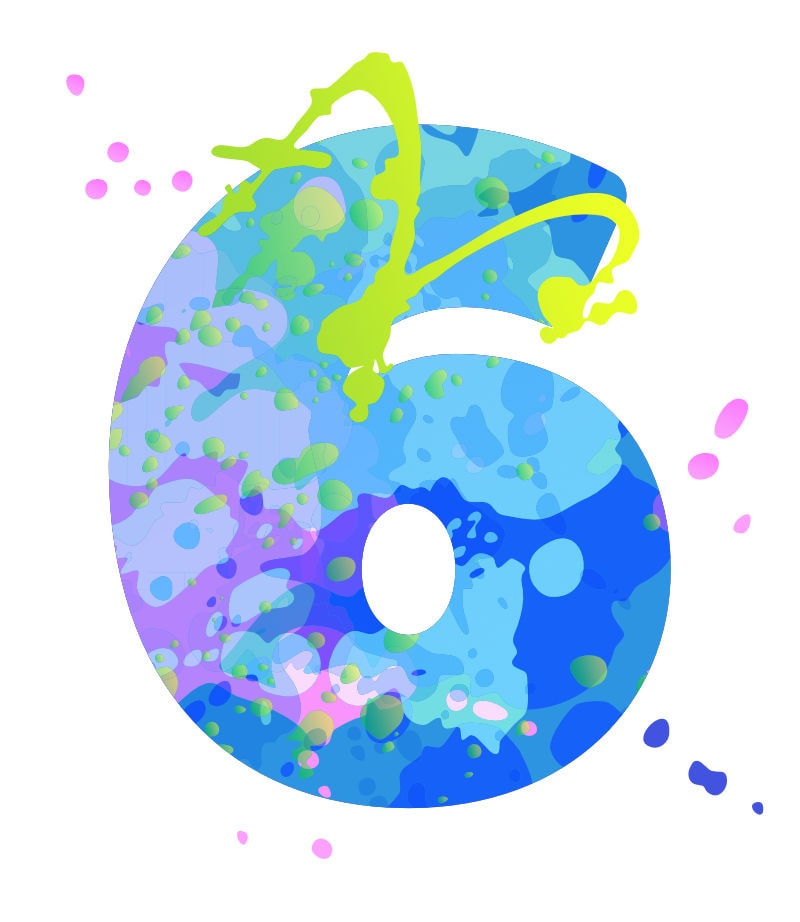 The number 6 painted with splatters of purple, blue, green and pink